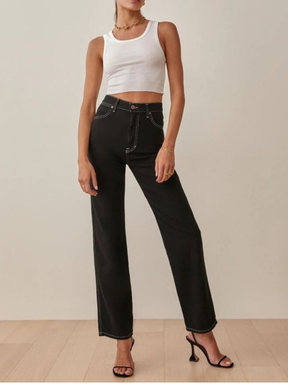 Reformation Cowboy High-Rise Straight Jeans - black/white stitch